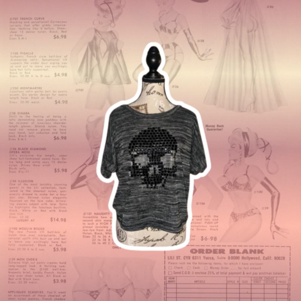 Silver Rhinestone Skull Short Sleeve Womens Top
